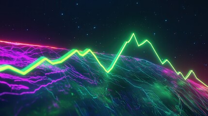 neon Bitcoin value increase, illustrated with a green line pointing upward, showing a positive trend in cryptocurrency.
