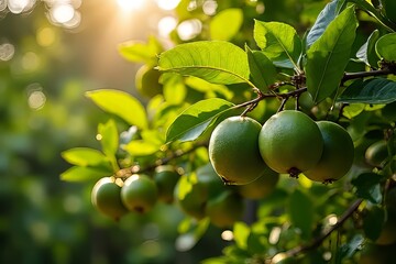 Lush Green Fruits on Branches in Sunny Orchard