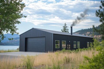 Obraz premium Modern Black Metal Building with Lakeside Views, Featuring a Large Garage Door and Smoke Stack, Nestled in Scenic Landscape.
