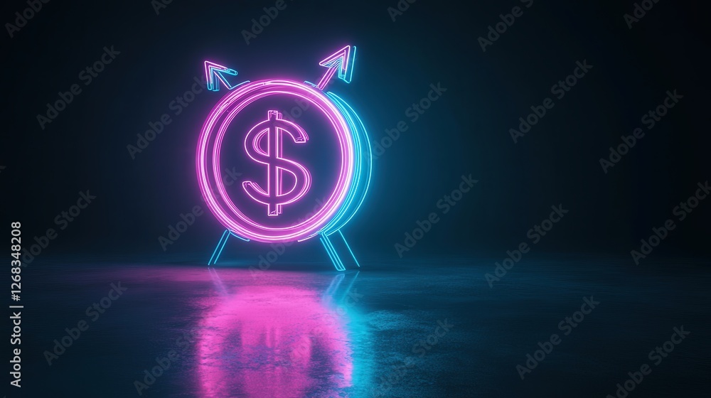 Poster neon clock with a dollar symbol and two arrows, symbolizing time as a tool to manage wealth effectiv
