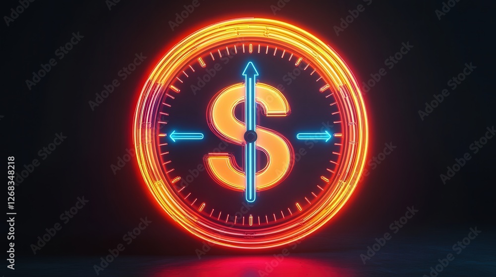 Poster neon clock with a dollar symbol and two arrows, symbolizing time as a tool to manage wealth effectiv