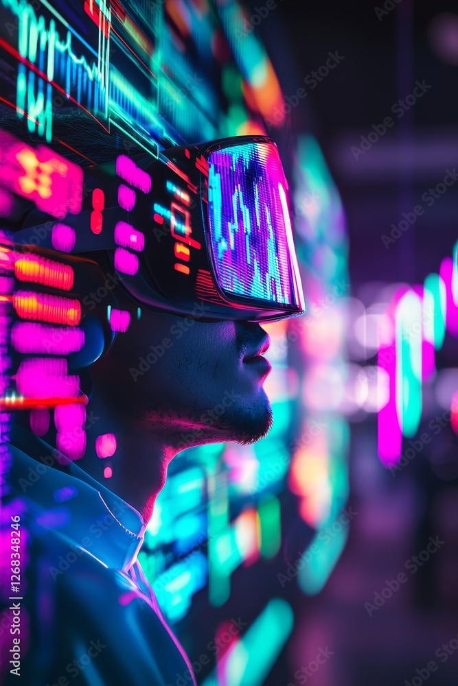 Poster exploring virtual reality innovation tech hub digital art neon environment side view futuristic conc
