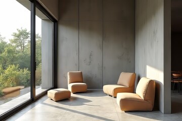 Modern Concrete Interior with Light Beige Furniture and Large Windows