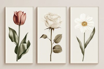 Set of minimalist vertical posters featuring delicate full color flowers drawn in smoky line art style, each poster highlighting a single bloom like a rose, tulip, and daisy, with soft neutral
