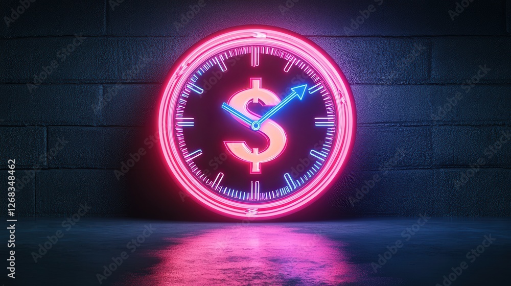 Poster neon clock with money symbol and double arrows, showing the flow of time and wealth in financial man