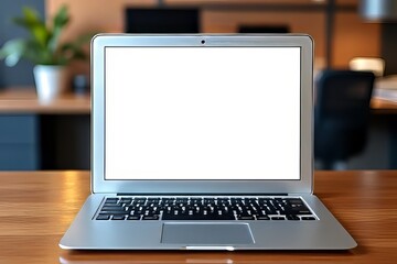 Fototapeta premium Modern Laptop on Wooden Desk - Blank Screen for Presentation
