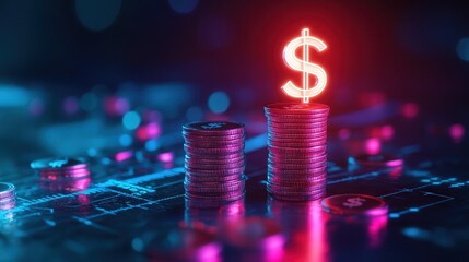 neon depiction of financial growth, with coins stacking higher, measured by a tool, and topped with a glowing dollar symbol.