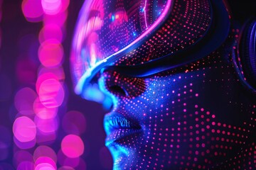 Futuristic profile with neon dots pattern in purple and blue colors against dark background. Digital art for cyber events, technology festivals, gaming expo, night party design