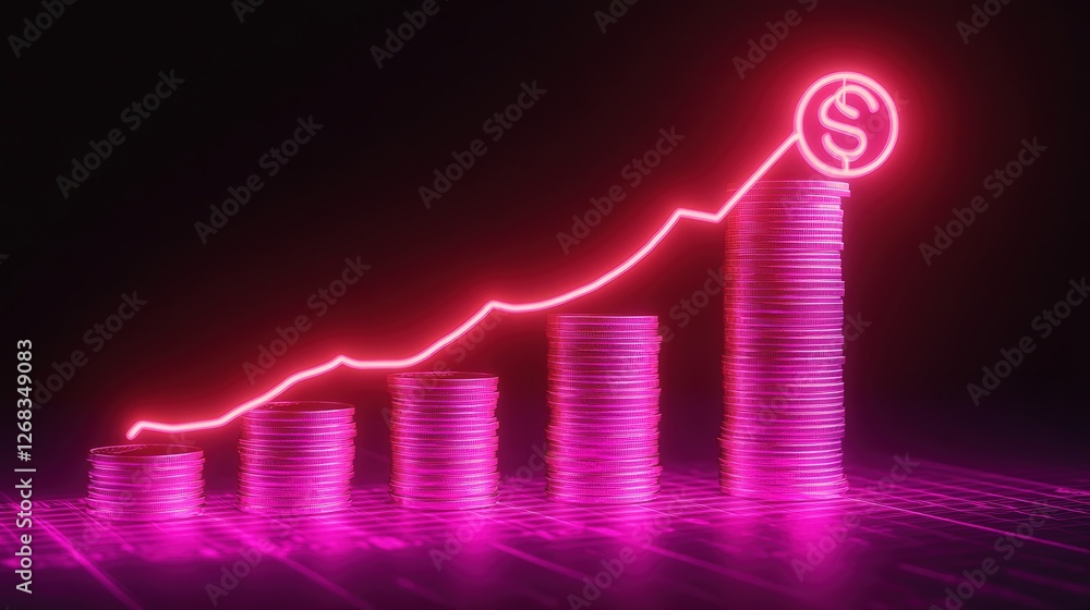 Poster neon design showing increasing savings with coins stacking up alongside a measurement tool, highligh