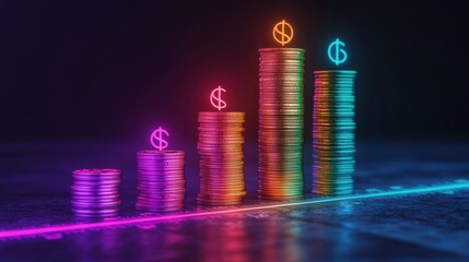neon design featuring a rising stack of coins and a measurement tool, with a dollar symbol above, highlighting increasing savings