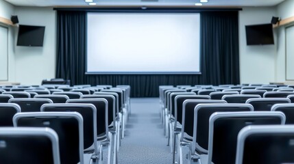 Presentation setup in conference room corporate event empty space indoor wide angle professional atmosphere