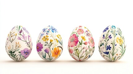 Fototapeta premium Floral Easter eggs, spring celebration, white background, holiday card