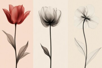Set of minimalist vertical posters featuring delicate full color flowers drawn in smoky line art style, each poster highlighting a single bloom like a rose, tulip, and daisy, with soft neutral 