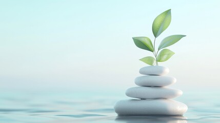 Serene growth of a green plant on balanced stones tranquil water surface nature photography calm atmosphere close-up perspective