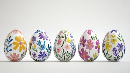 Fototapeta premium Five floral Easter eggs in a row, white background, spring holiday decoration