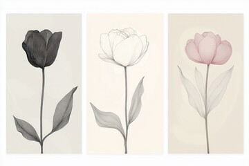 Set of one photos vertical posters featuring delicate full color flowers drawn in smoky line art style, each poster highlighting a single bloom like a rose, tulip, and daisy, with soft neutral 