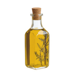a bottle of olive oil with a cork stopper, slightly textured surface to mimic hand-drawn style, olive branches subtly integrated on the side, transparent background, PNG