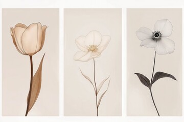 Set of three minimalist vertical posters featuring delicate flowers drawn in smoky line art style, each poster highlighting a single bloom like a rose, tulip, and daisy, with soft neutral backgrounds.