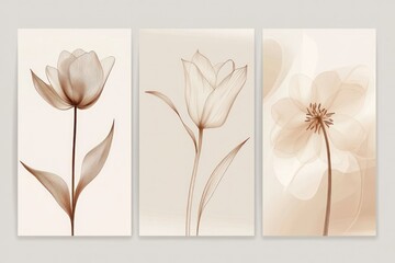 Set of three minimalist vertical posters featuring delicate flowers drawn in smoky line art style, each poster highlighting a single bloom like a rose, tulip, and daisy, with soft neutral backgrounds.
