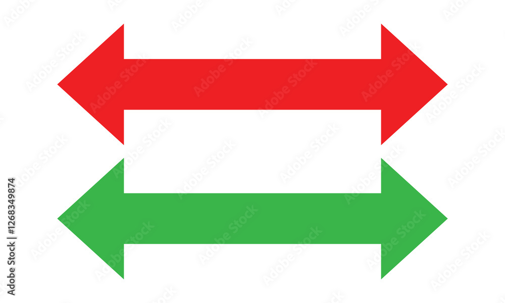Poster double headed long arrow. double ended red and green long arrow illustration. dual sided arrow icon.