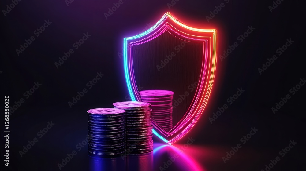 Poster neon icon of a shield enveloping a stack of coins, symbolizing secure financial strategies and wealt
