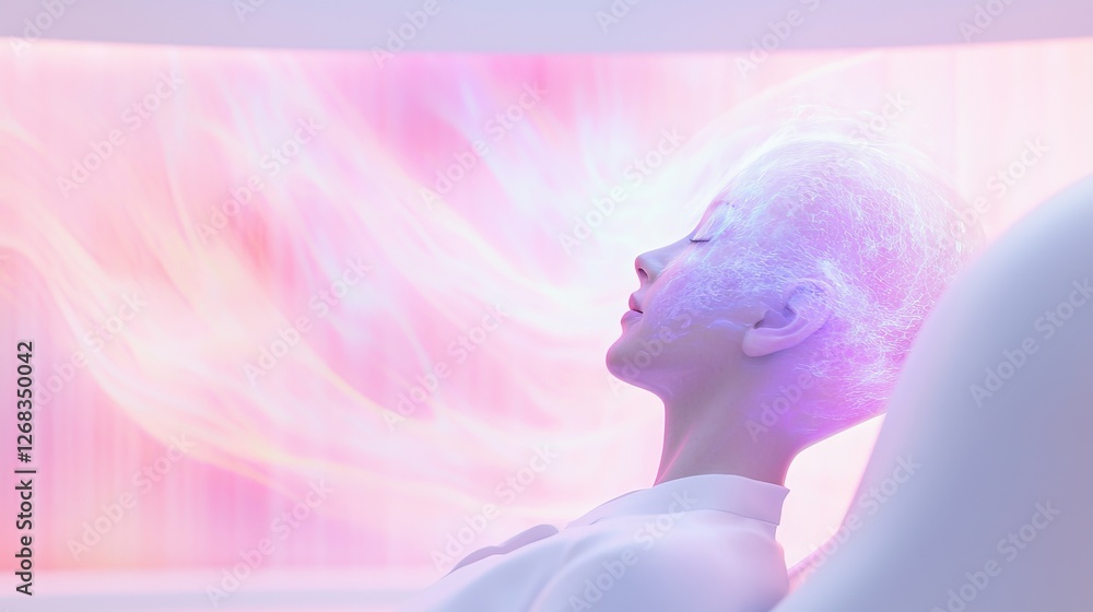 Poster futuristic portrait of a serene being digital realm 3d render abstract environment close-up view con