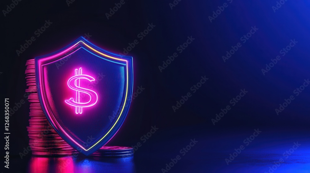 Poster neon icon of a shield enveloping a stack of coins, symbolizing secure financial strategies and wealt