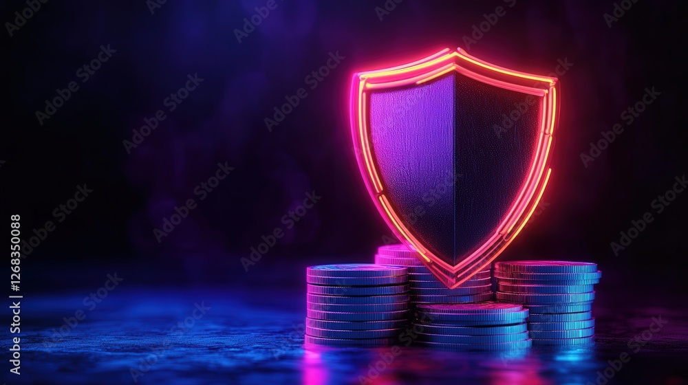 Poster neon icon of a shield enveloping a stack of coins, symbolizing secure financial strategies and wealt