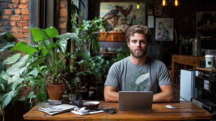 Fototapeta premium young casual working with a laptop in a café interior