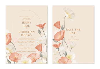 wedding invitation and save the date template set of delicate white and orange California Poppy flowers on a soft peach background, adding a warm and inviting atmosphere