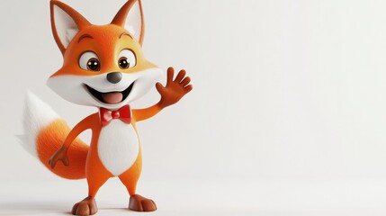 Playful cartoon fox character with bowtie waving happily at audience