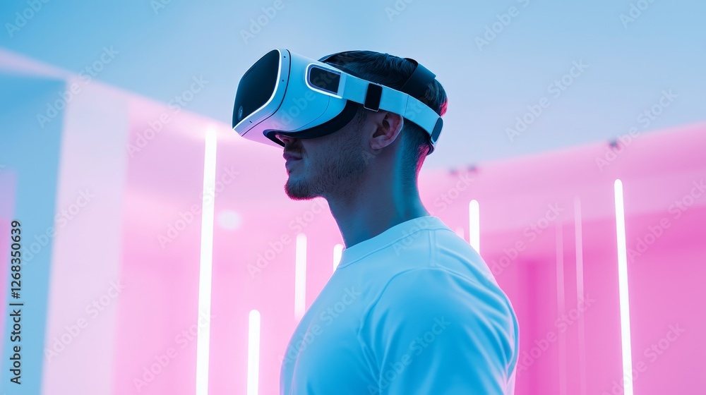 Poster virtual reality experience modern studio technology demo neon environment side view immersive learni