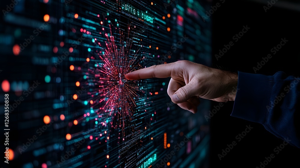 Poster hand interacting with digital data visualization in dark environment