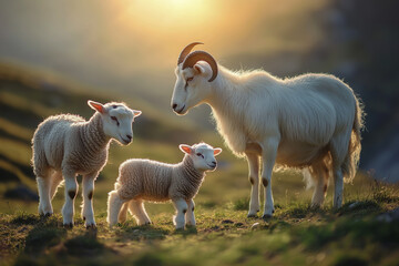 Obraz premium A goat grazes alongside two sheep in a meadow.