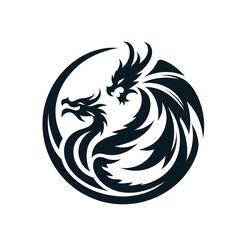 AI Generate of sleek, modern black and blue tribal-style of a dragon and phoenix illustration facing each other in a circular composition. The design symbolizes power, balance, and mythology.