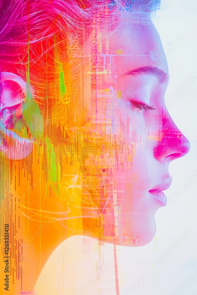 Poster Artistic expression close-up view of a profiled figure with colorful digital overlays