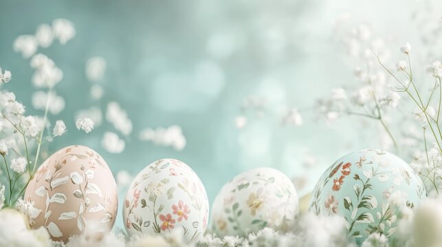 Pastel Easter eggs floral spring background
