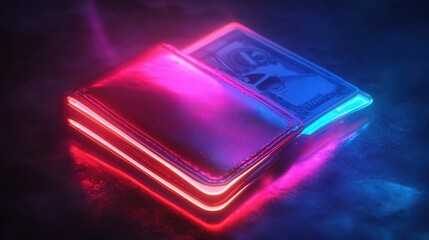 neon wallet with cash, illuminating a dark backdrop, symbolizing financial growth and the pursuit of prosperity.