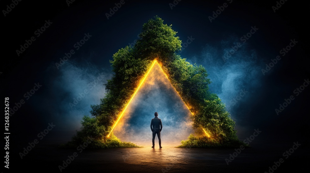 Poster man standing in front of triangle shaped tree and large open doorway in outdoor setting