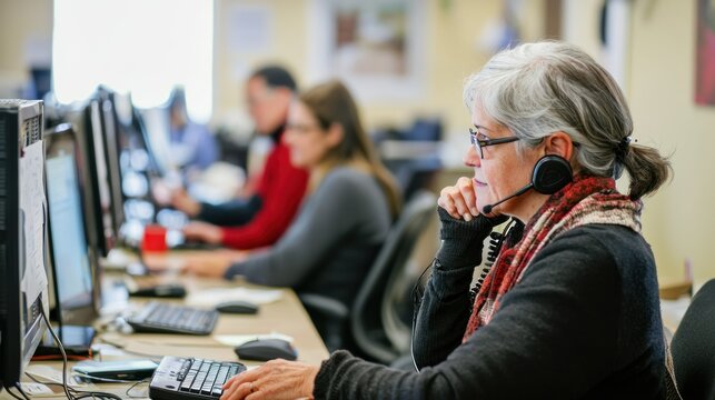 Volunteers working at desks in a community office, making phone calls and organizing events.