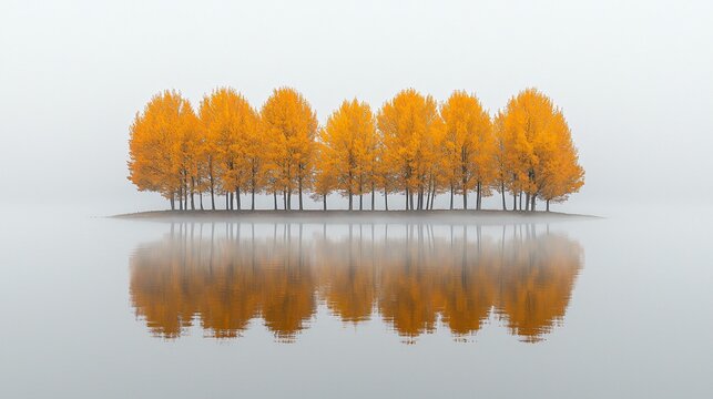 Golden autumn trees island reflection, misty lake