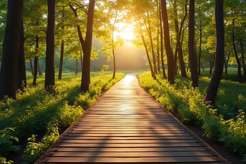 Obraz premium Sunny Wooden Pathway Through Lush Forest at Sunrise