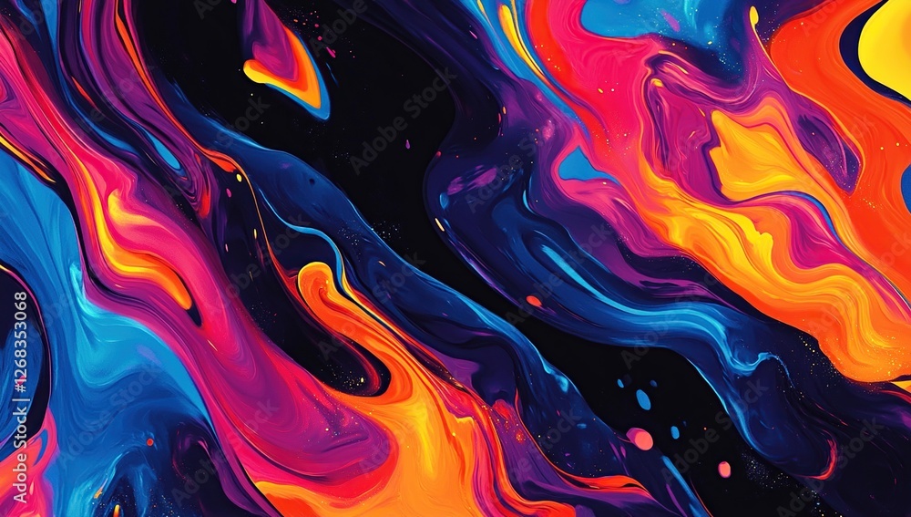Poster vibrant abstract swirls: fluid colors flow dynamically in a mesmerizing digital painting, bold hues 