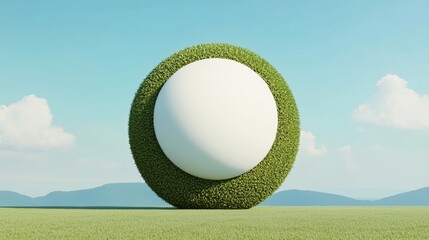 Rolling green sphere on lush field nature scene minimalist design clear sky serene environment conceptual art