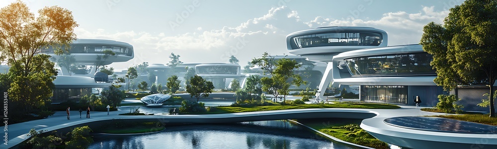 Poster a sprawling technology campus featuring interconnected buildings and modern architecture.