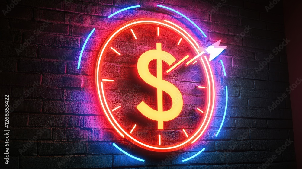 Poster neon clock with dollar symbol and two arrows, representing the importance of time management in driv