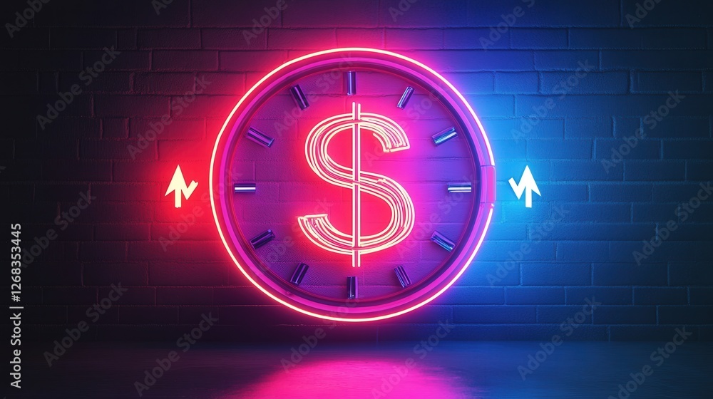 Poster neon clock with dollar symbol and two arrows, representing the importance of time management in driv