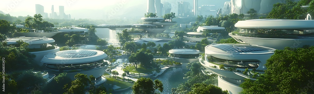 Poster sprawling technology campus with interconnected structures, showcasing modern architecture and vibra