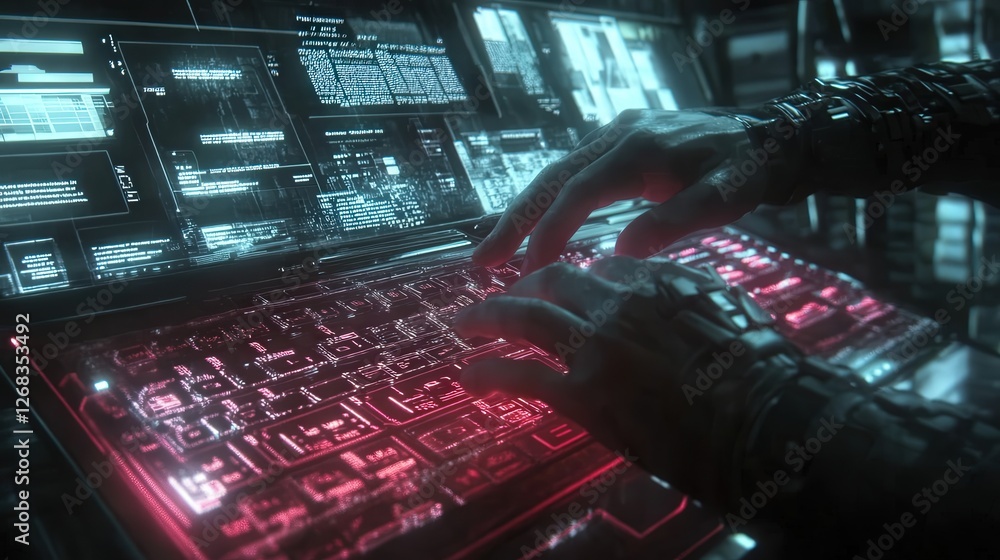 Poster hands on a keyboard, interacting with virtual touch-sensitive documents in a cybernetic workspace.