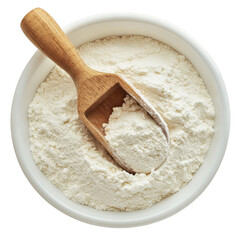 A bowl of flour with a wooden scoop, transparent background, PNG